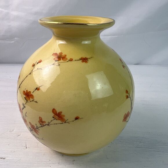 Vintage Hyalyn USA #834 Gold Trimmed Japanese Cherry Blossom Round Pottery Vase - Picture 4 of 9